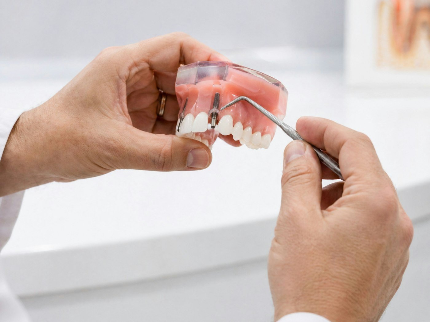 A dentist pointing to a dental implant model during a patient consultation