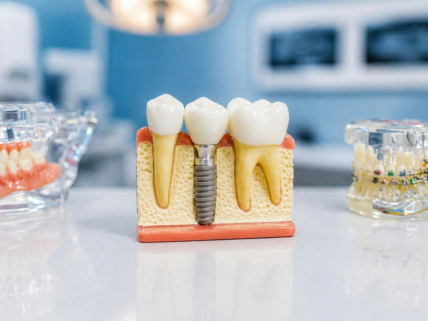 A dental implant model showing the titanium root, abutment and crown